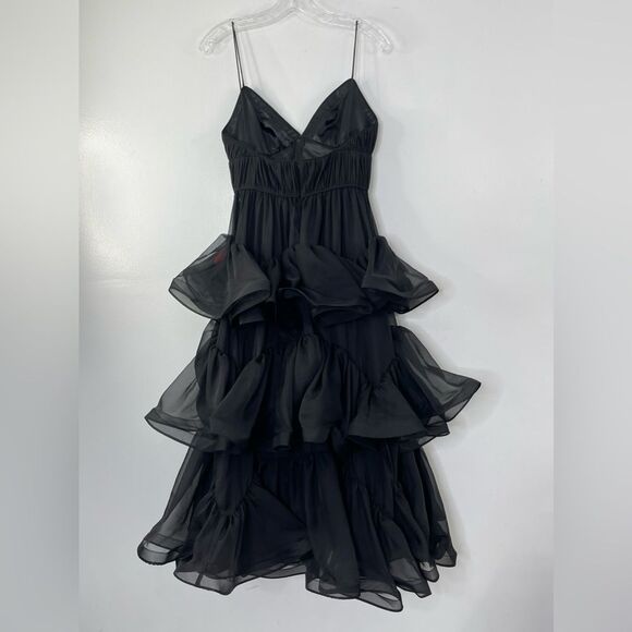 Mac Duggal 68411 Tiered Ruffled Tulle Organza Midi V-neck Dress, Black, Size 2 - Picture 3 of 9